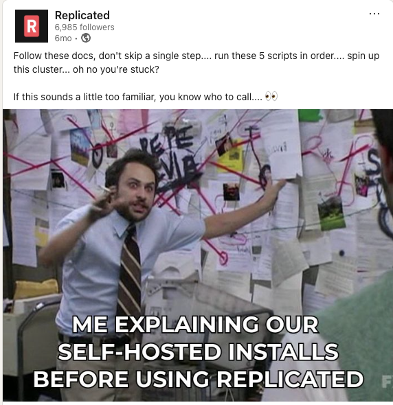 Me explaining our self-hosted installs before Replicated